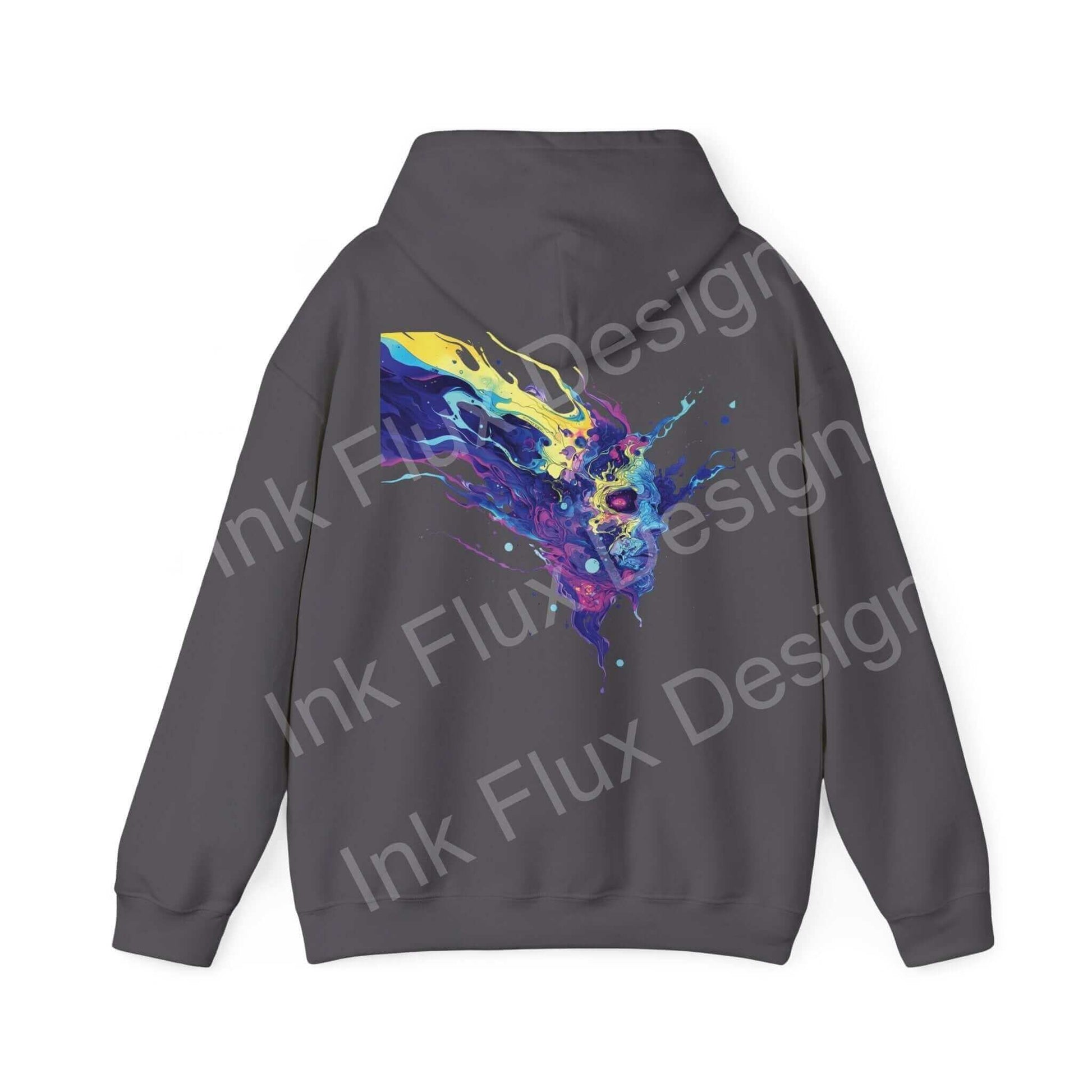 Back view of a gray hooded sweatshirt featuring a bold, colorful psychedelic ink splash design, labeled 'Ink Flux Design' on graphic hoodies.