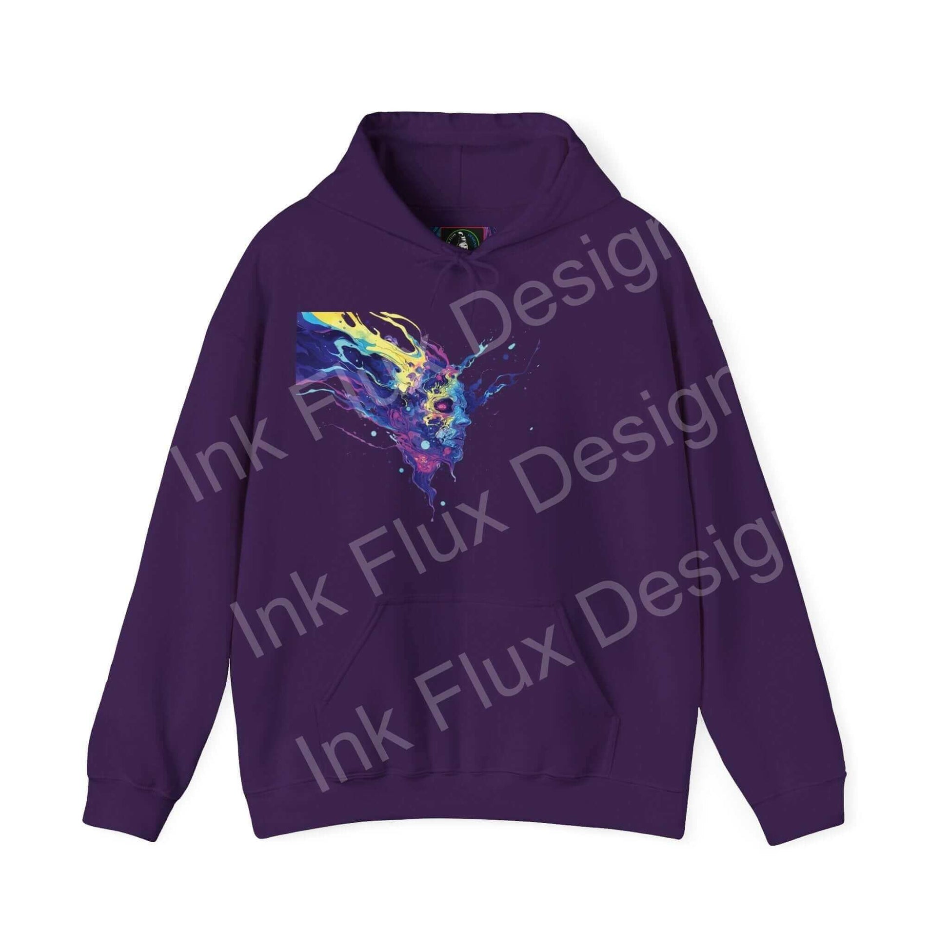 Purple hooded sweatshirt with a vibrant, psychedelic ink design on the front, showcasing bold graphic artistry.