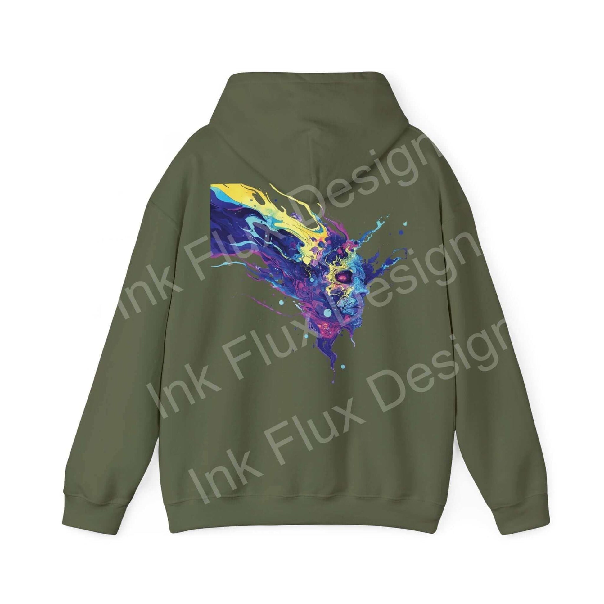 Back view of a green Psychedelic Trip VI hoodie featuring a bold, colorful ink flux graphic design, ideal for stylish, casual wear.