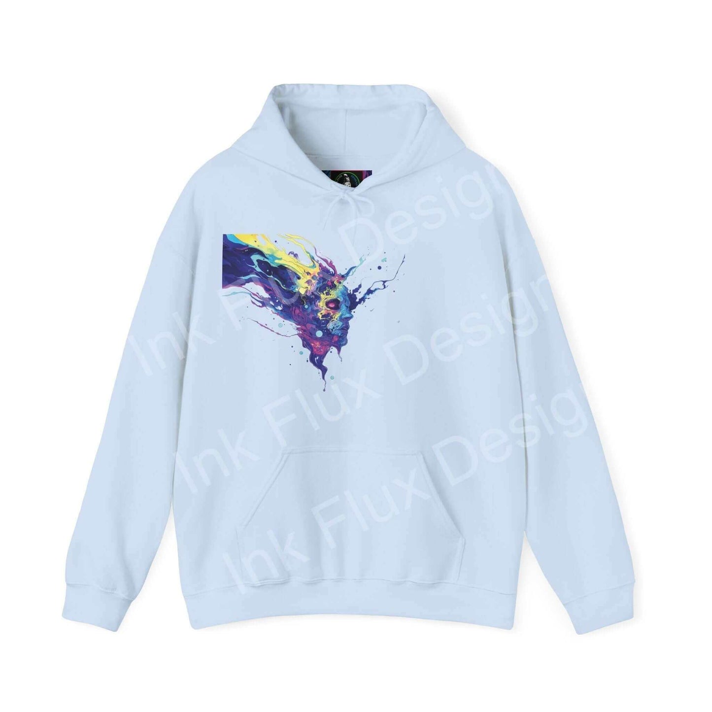 Light blue hooded sweatshirt featuring a vibrant, psychedelic ink splash graphic design, ideal for bold fashion statements.