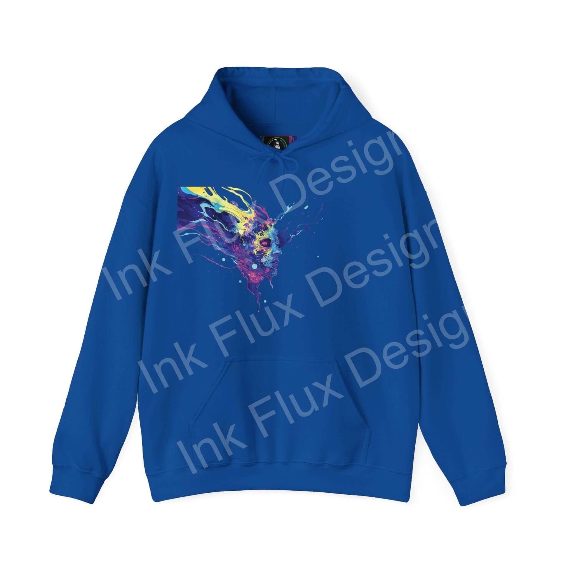 Unisex blue hoodie with vibrant psychedelic graphic design on front, from Ink Flux Designs, perfect for bold graphic hoodies lovers.