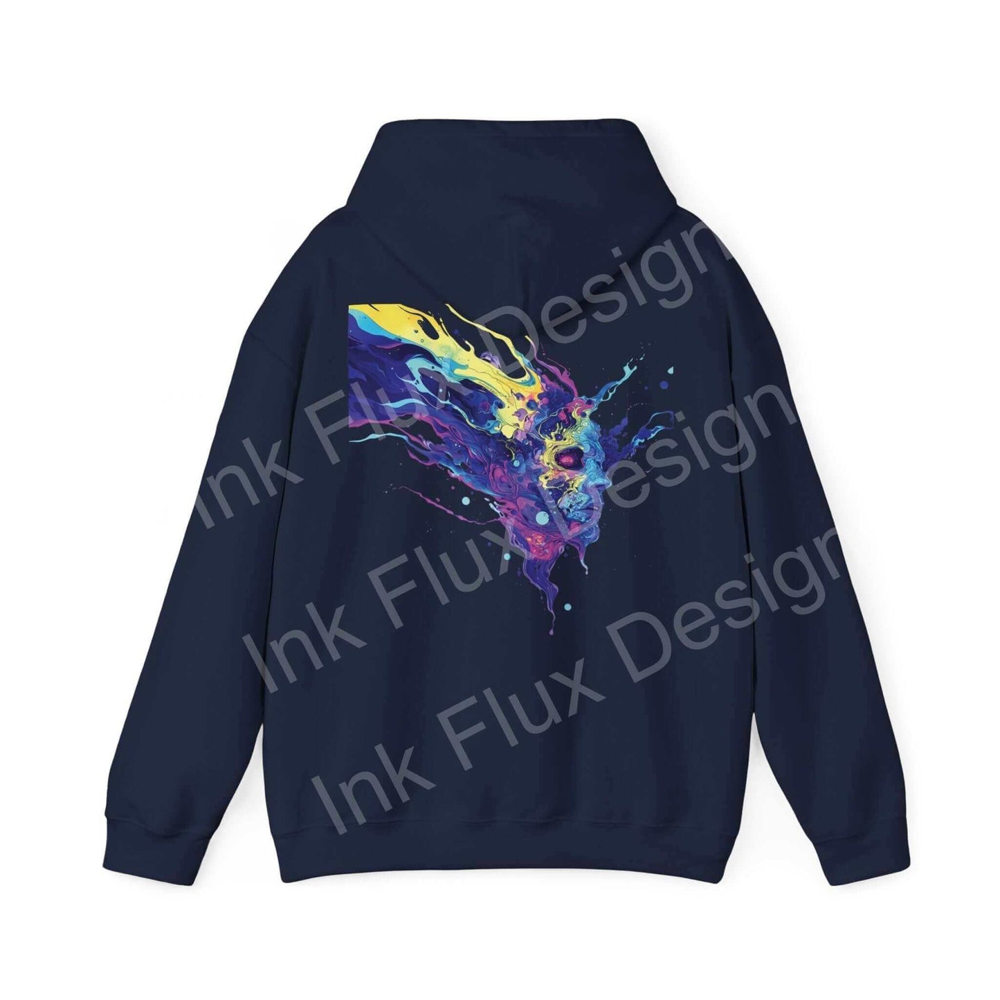 Back view of a navy blue graphic hoodie featuring a bold, colorful ink-flux design on a quality fabric blend, ideal for fashion-forward individuals.