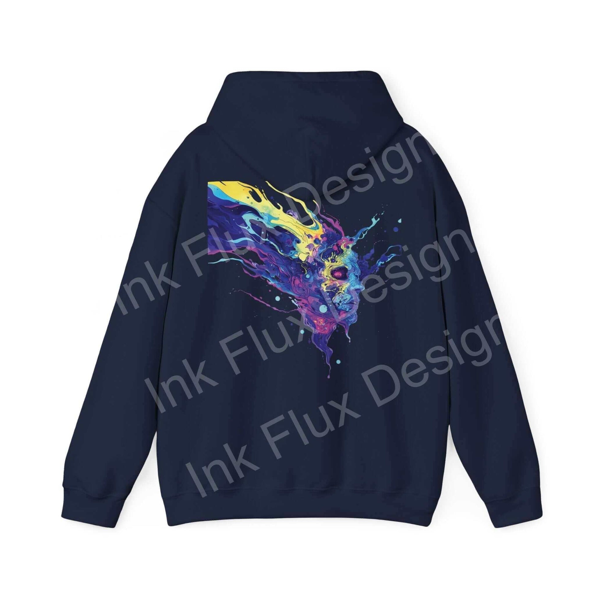 Back view of a navy blue graphic hoodie featuring a bold, colorful ink-flux design on a quality fabric blend, ideal for fashion-forward individuals.