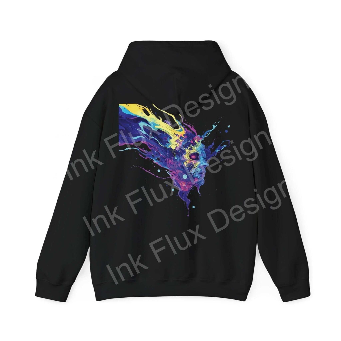 Black unisex hooded sweatshirt featuring a bold, colorful psychedelic ink design on the back, from the Psychedelic Trip VI collection.