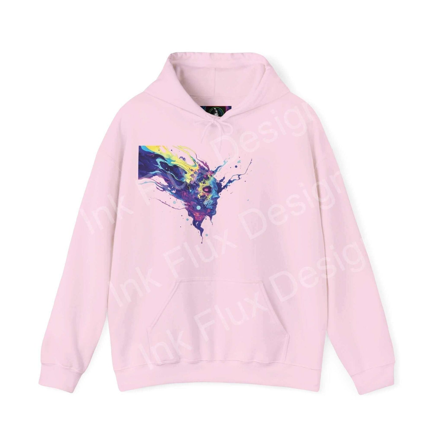 Pink hooded sweatshirt featuring a bold, psychedelic ink splatter design on the front, ideal for graphic hoodie enthusiasts.