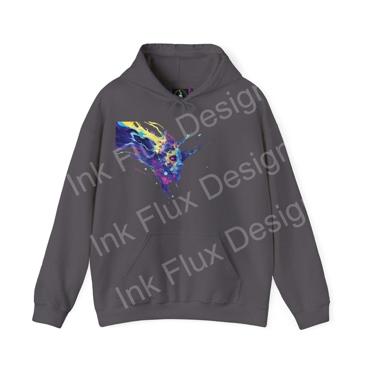Unisex gray hooded sweatshirt featuring a bold, colorful psychedelic graphic design on the front, from Ink Flux Designs.
