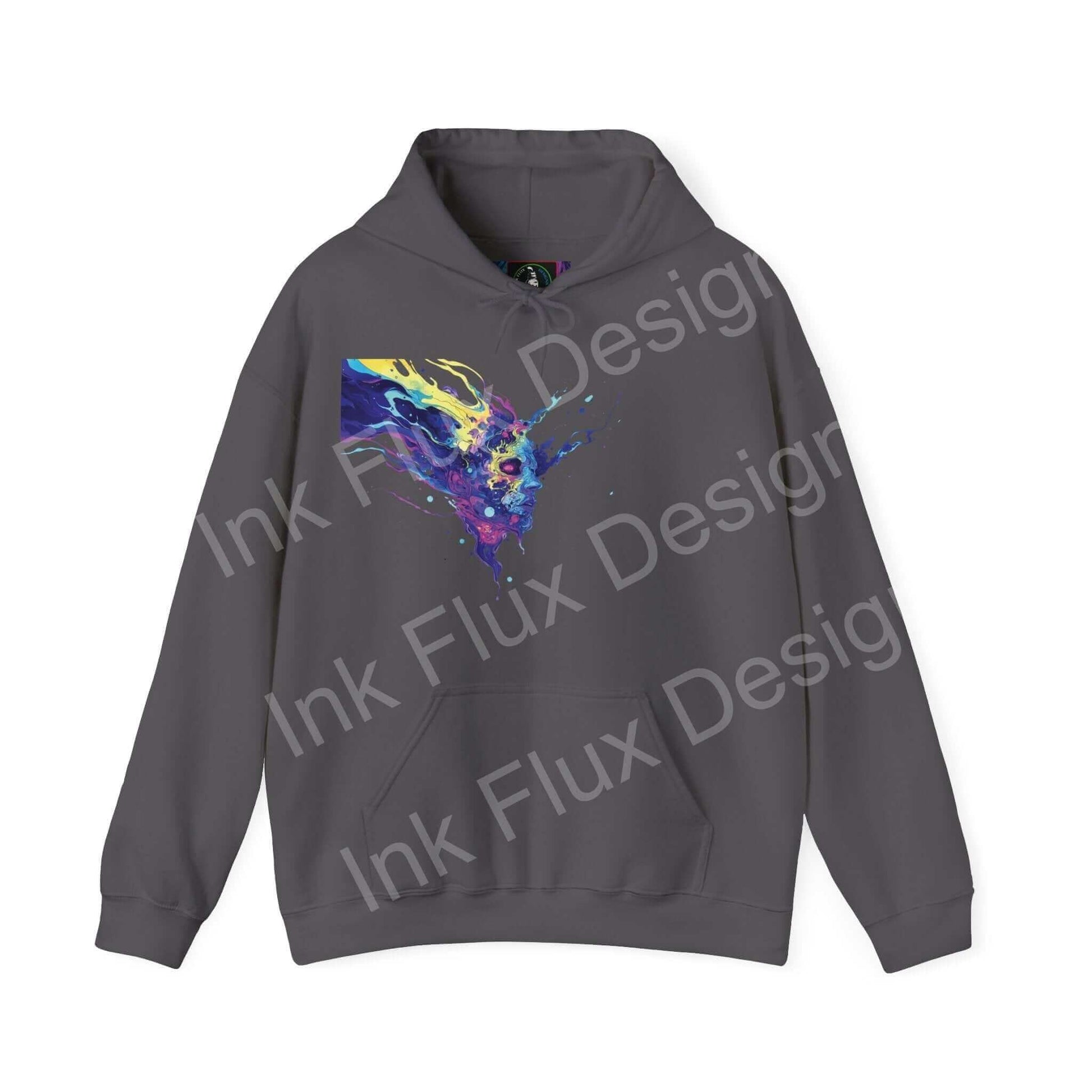Unisex gray hooded sweatshirt featuring a bold, colorful psychedelic graphic design on the front, from Ink Flux Designs.