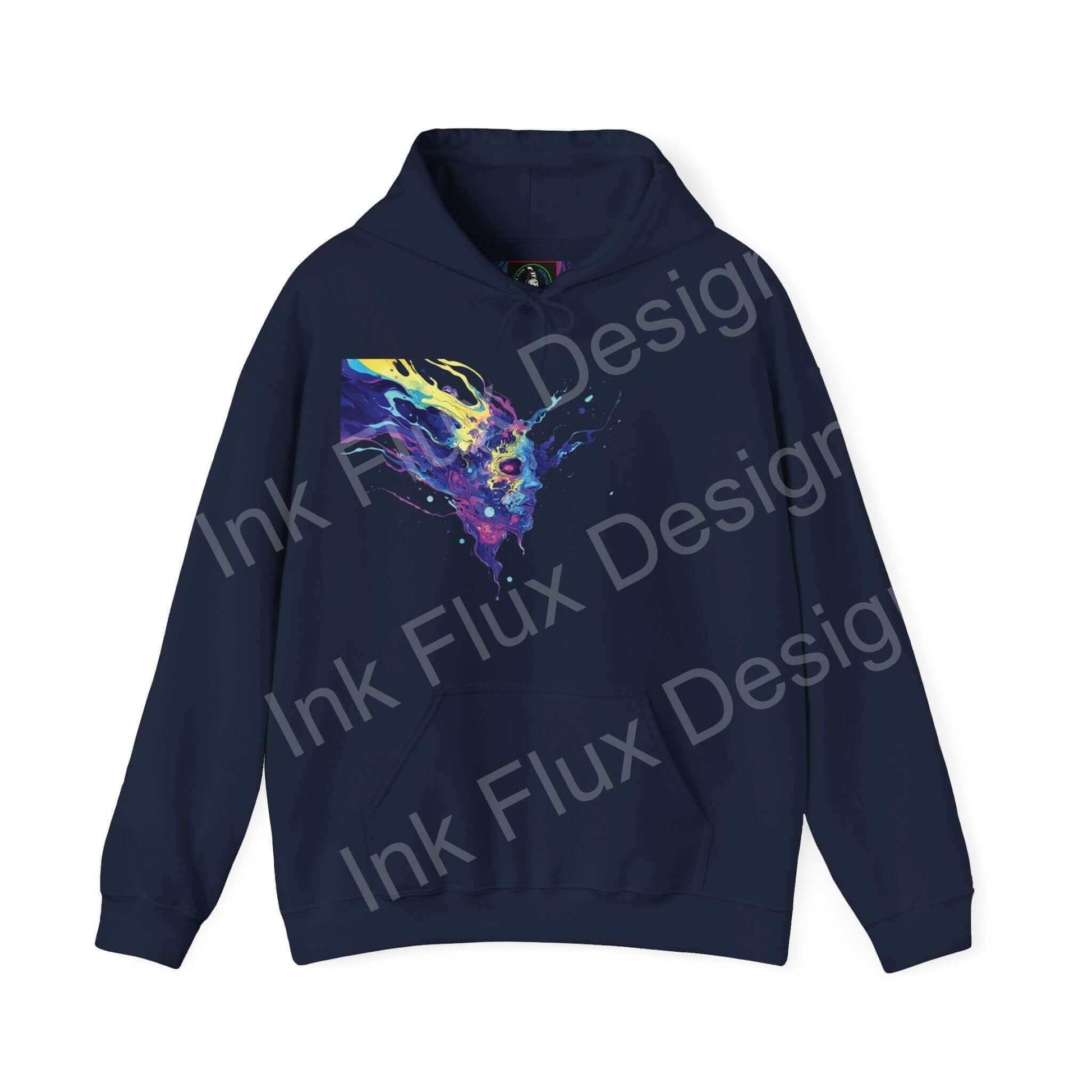 Navy blue hooded sweatshirt featuring a vibrant, psychedelic graphic design on the front, ideal for fans of bold, graphic hoodies.