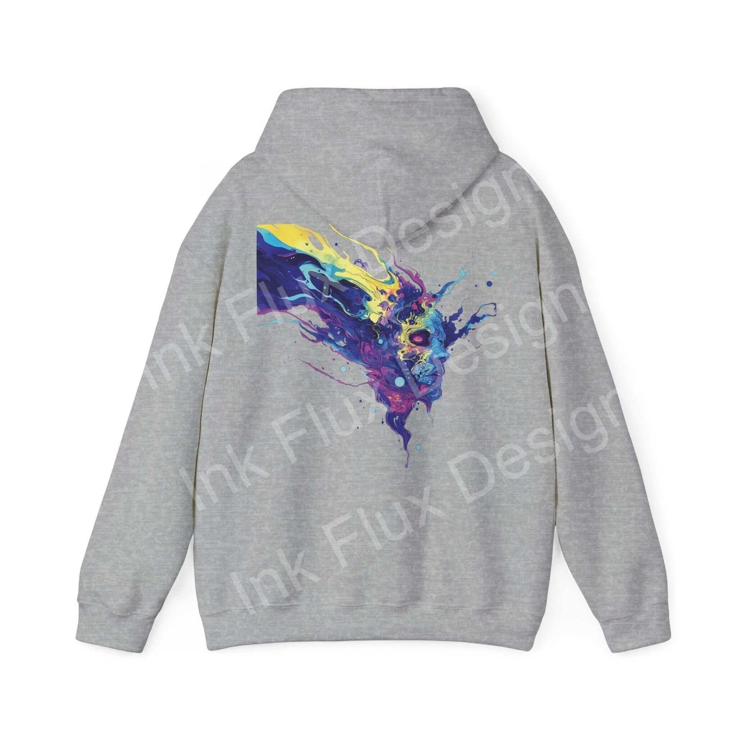 Back view of grey hooded sweatshirt featuring a bold, colorful psychedelic graphic design on heavy-blend fabric.