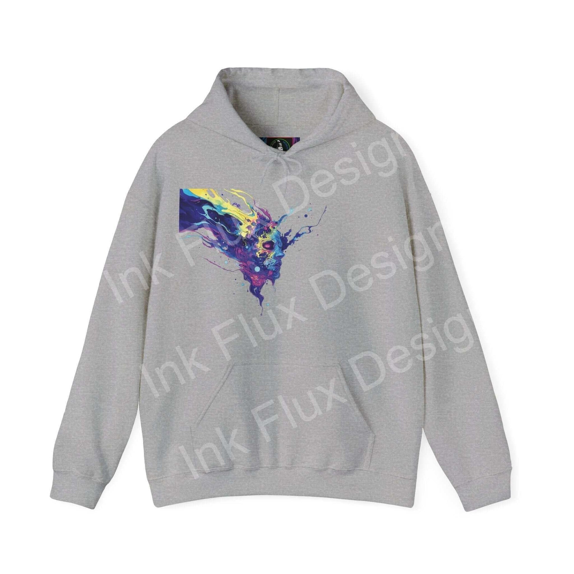 Unisex gray hooded sweatshirt featuring a bold, psychedelic ink design on the chest, ideal for graphic hoodie enthusiasts.