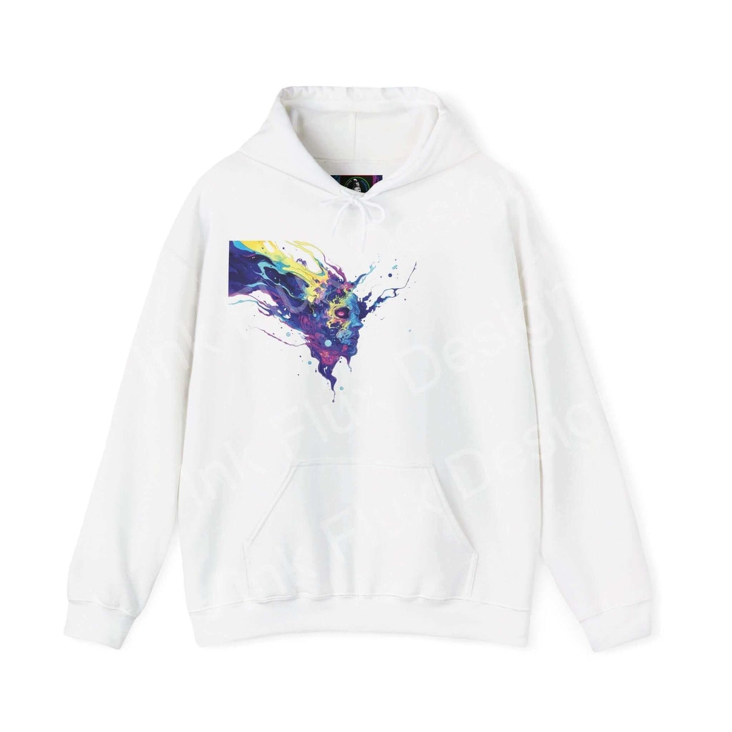 Unisex white hooded sweatshirt featuring a colorful, bold psychedelic graphic design, perfect for stylish comfort.
