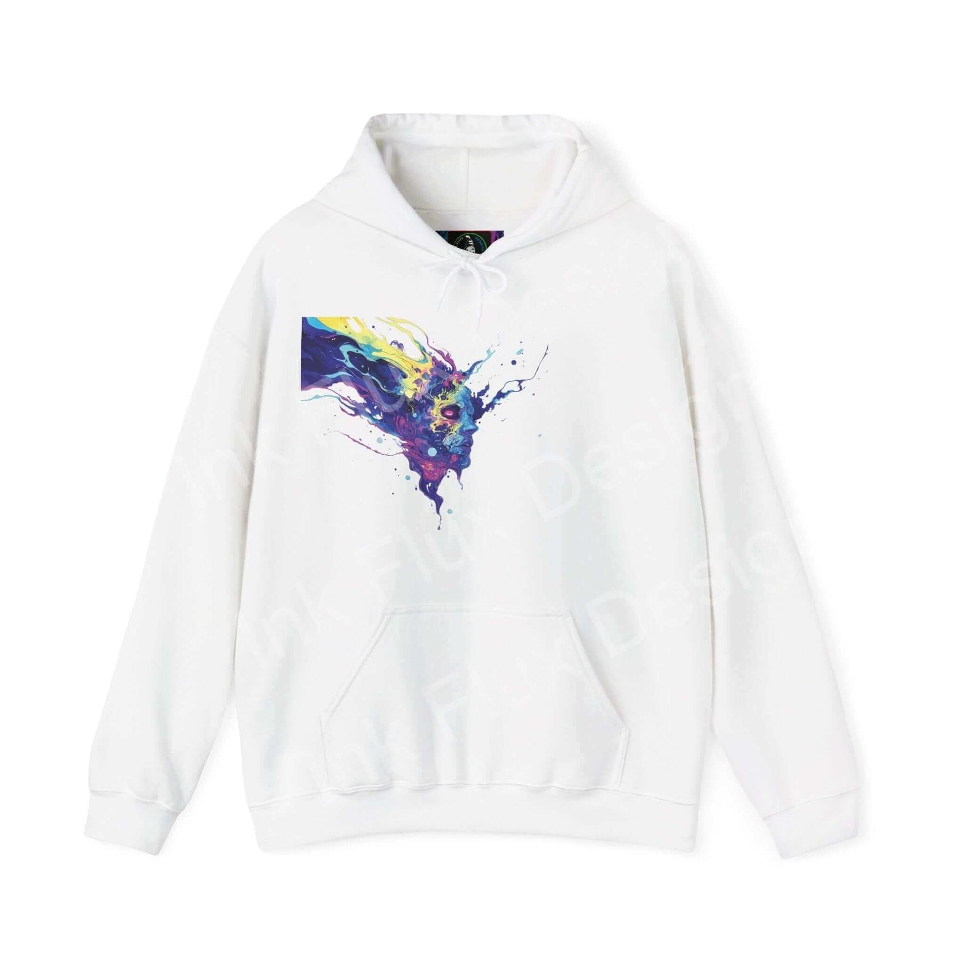 Unisex white hooded sweatshirt featuring a colorful, bold psychedelic graphic design, perfect for stylish comfort.