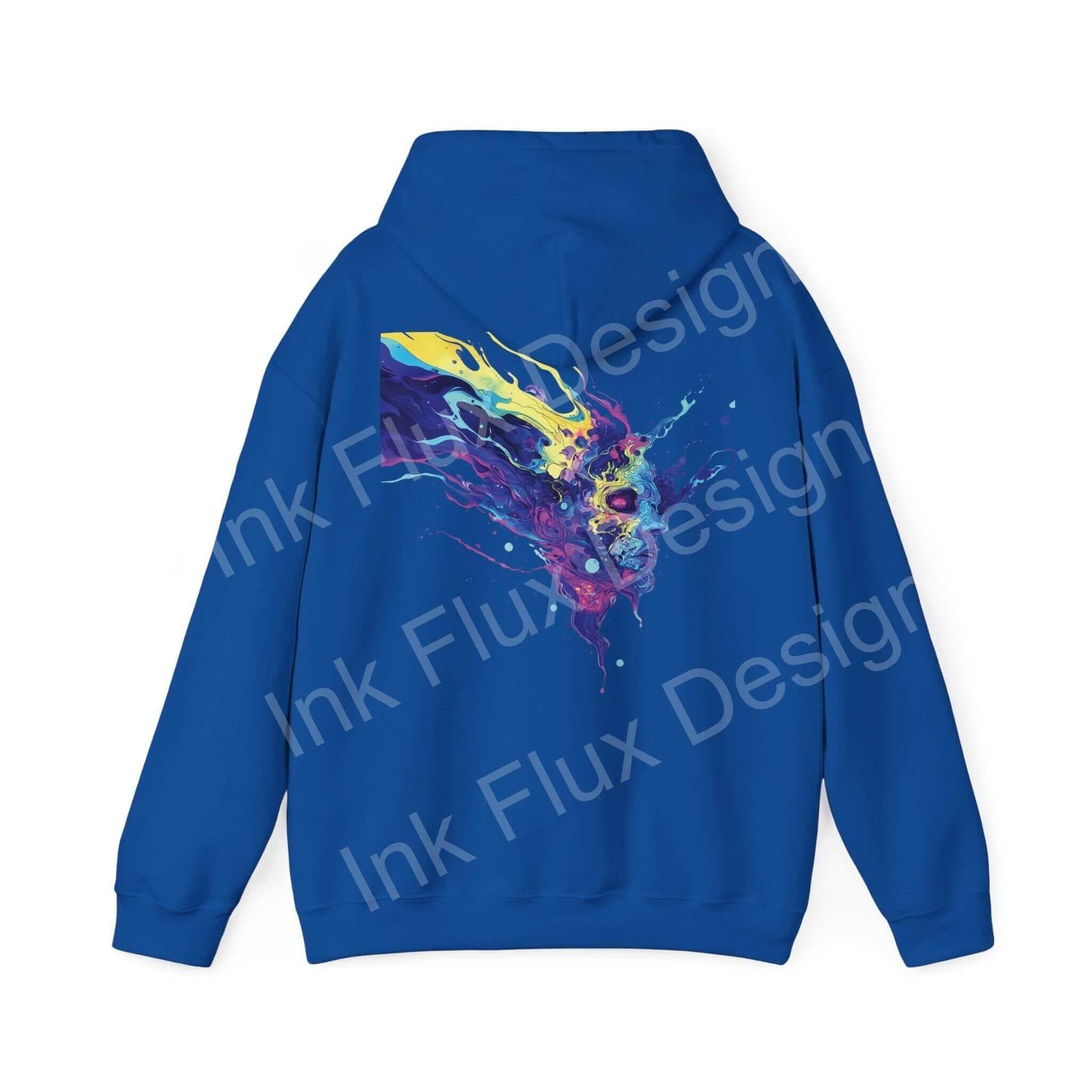 Blue hooded sweatshirt with bold, colorful psychedelic ink design on the back, showcasing graphic hoodies with creative flair.
