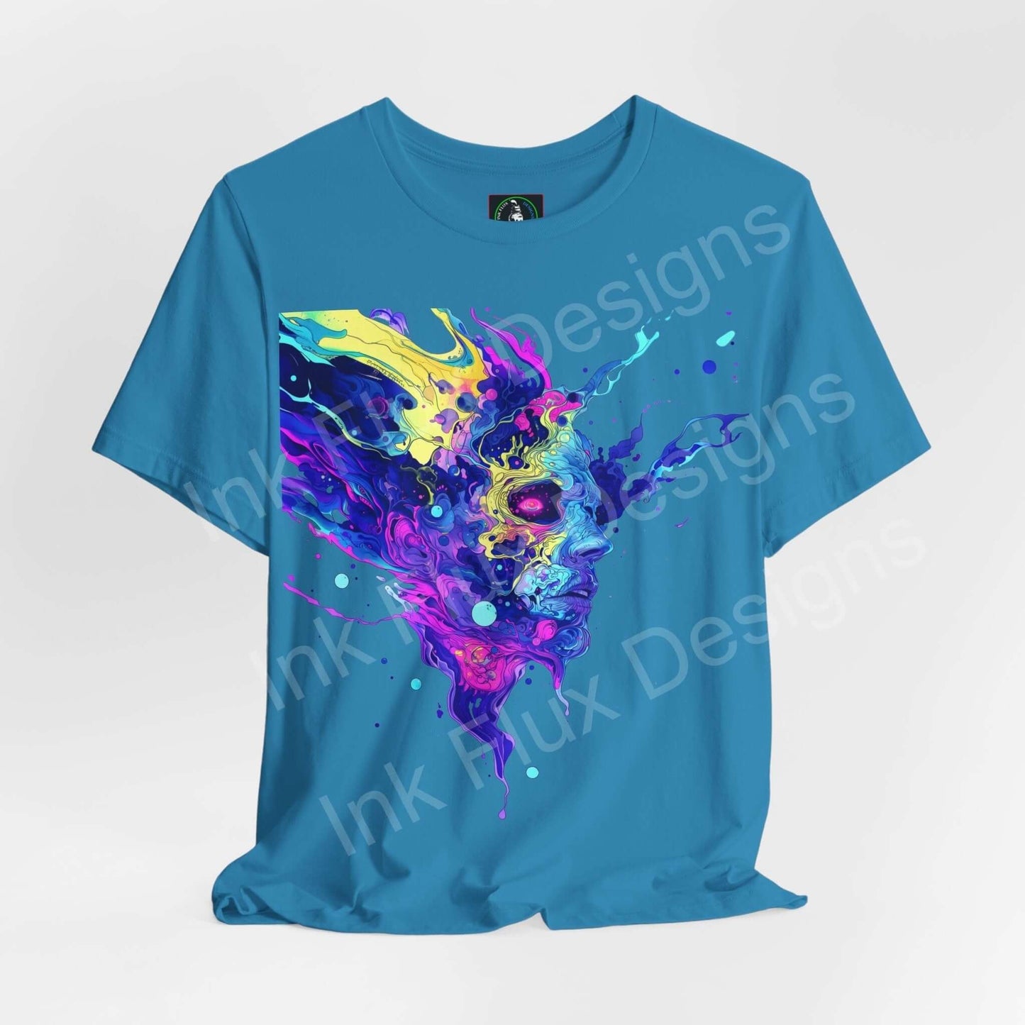 Bold graphic blue T-shirt featuring a vibrant, psychedelic design with vivid splashes of yellow and purple, from the Psychedelic Trip VI collection.