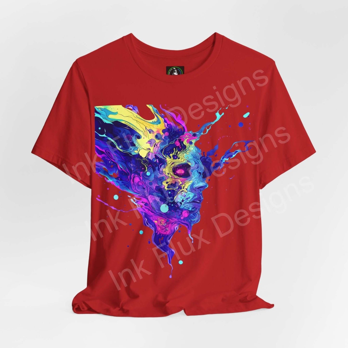 Red unisex T-shirt featuring bold, psychedelic ink splash graphics in vibrant colors, ideal for any trippy graphic tee collection.