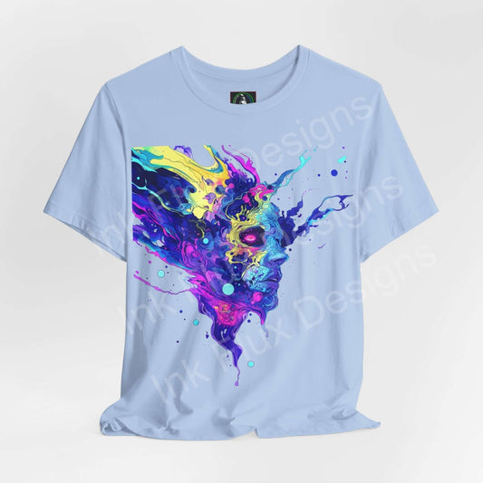 Unisex light blue T-shirt featuring a bold, psychedelic graphic in vibrant purple, blue, and yellow colors, perfect for a trippy aesthetic.