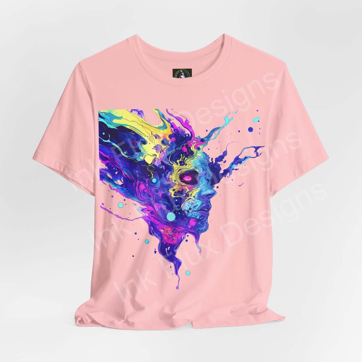 Pink unisex T-shirt featuring bold, psychedelic graphic in vibrant blue and yellow, from the Psychedelic Trip VI collection.