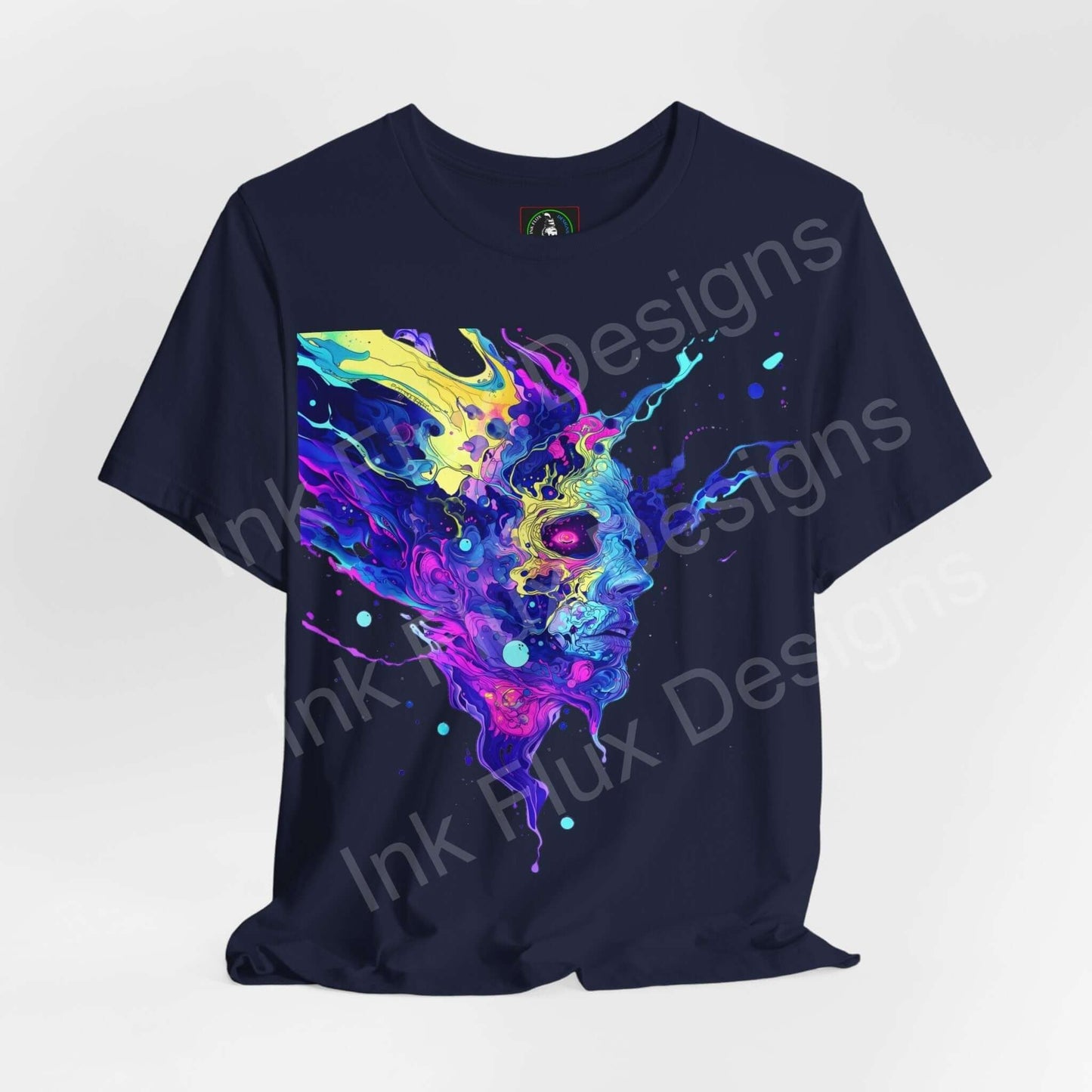 Unisex navy blue T-shirt featuring a vibrant, bold psychedelic graphic design in blue, purple, and yellow, perfect for trippy graphic tee enthusiasts.