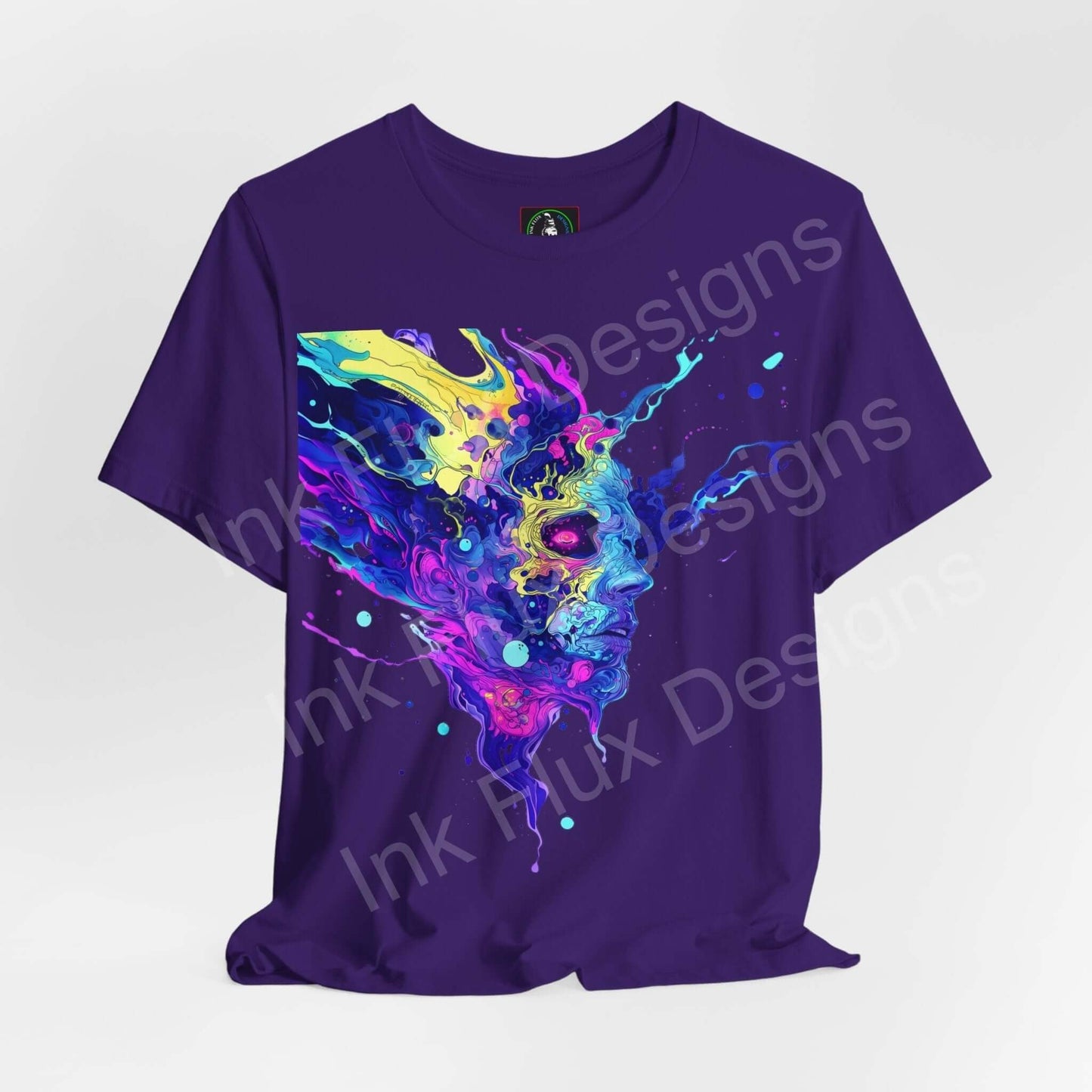 Bold psychedelic graphic tee featuring vibrant, trippy ink splatter design on a purple unisex T-shirt.