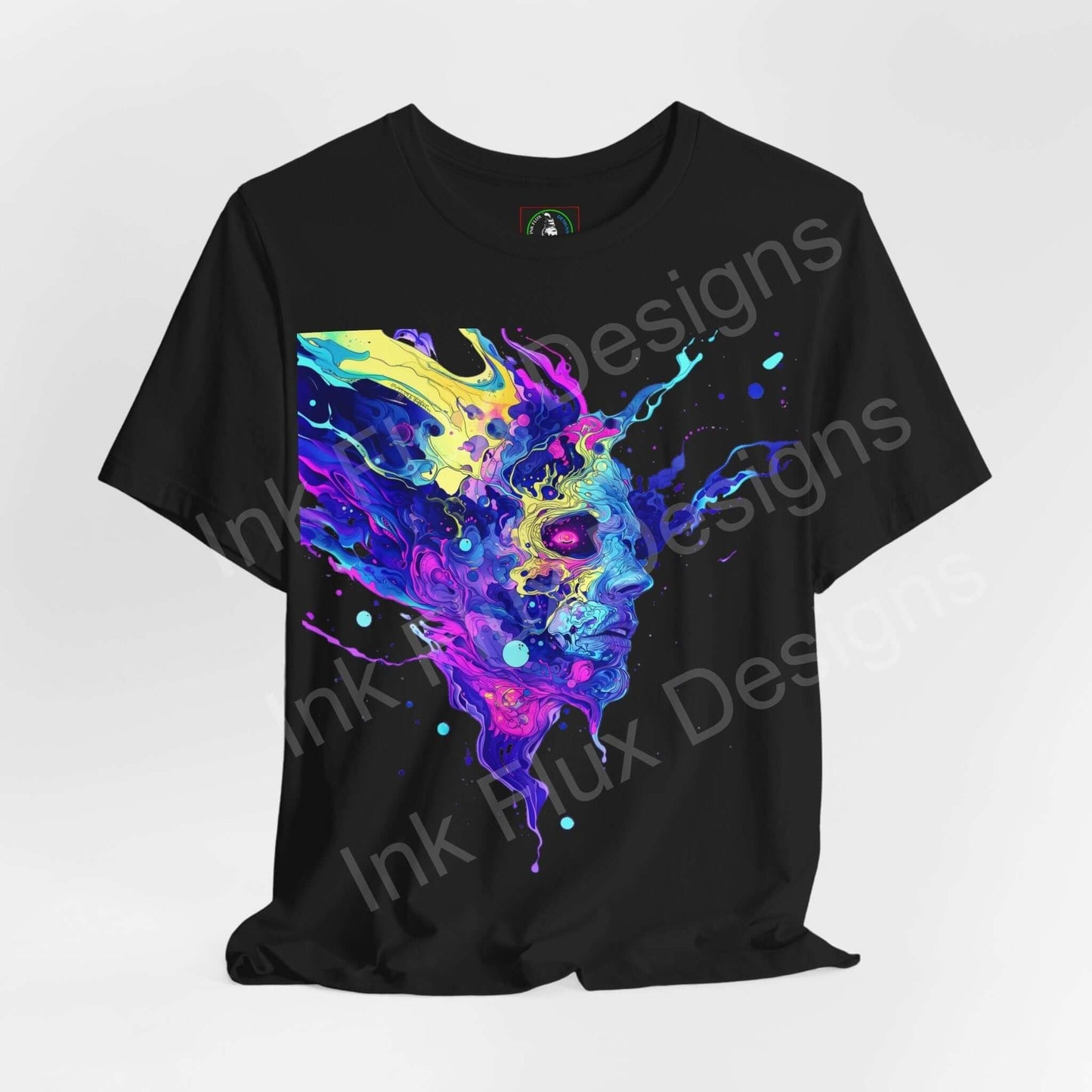 Black unisex T-shirt featuring vibrant, psychedelic trip-inspired graphic design in bold colors, ideal for fans of trippy and graphic tees.