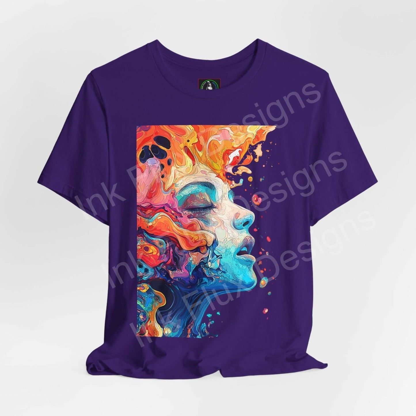 Purple unisex T-shirt featuring a bold psychedelic graphic of a colorful, trippy face design, perfect for those who love stylish graphic tees.