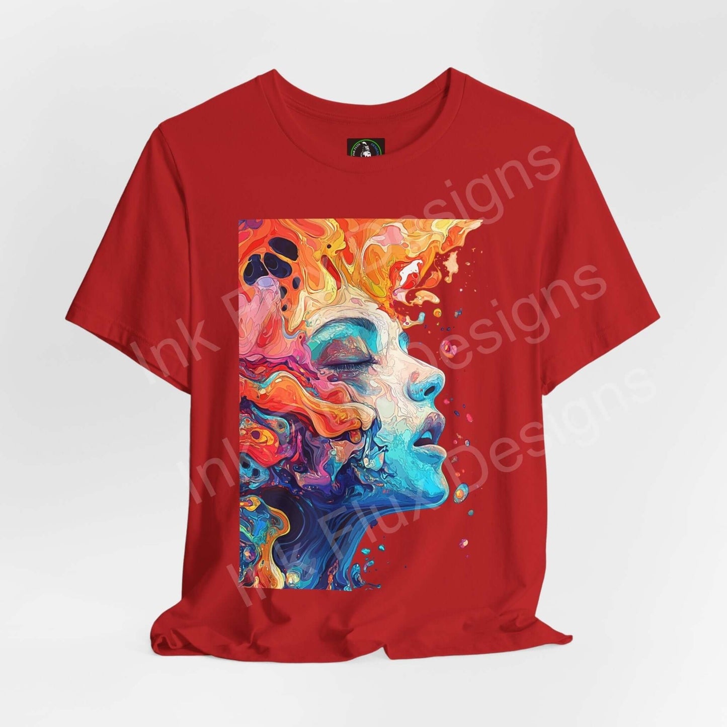 Red unisex T-shirt featuring a bold psychedelic graphic of a colorful, abstract face design, from the Psychedelic Trip VII collection.