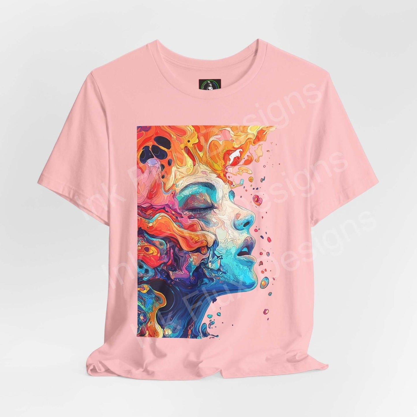 Pink unisex T-shirt featuring bold, psychedelic graphic of a colorful, trippy face design, perfect for fans of unique graphic tees.