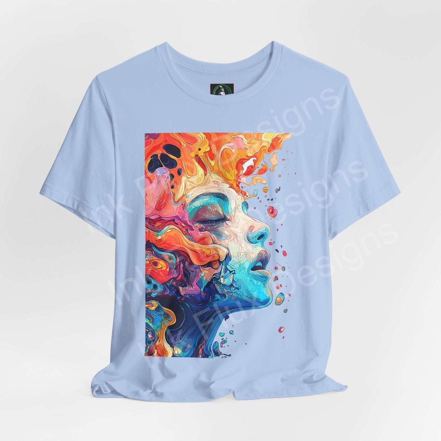 Blue unisex T-shirt with a bold, colorful psychedelic graphic of a melting face, offering a trippy and artistic style.