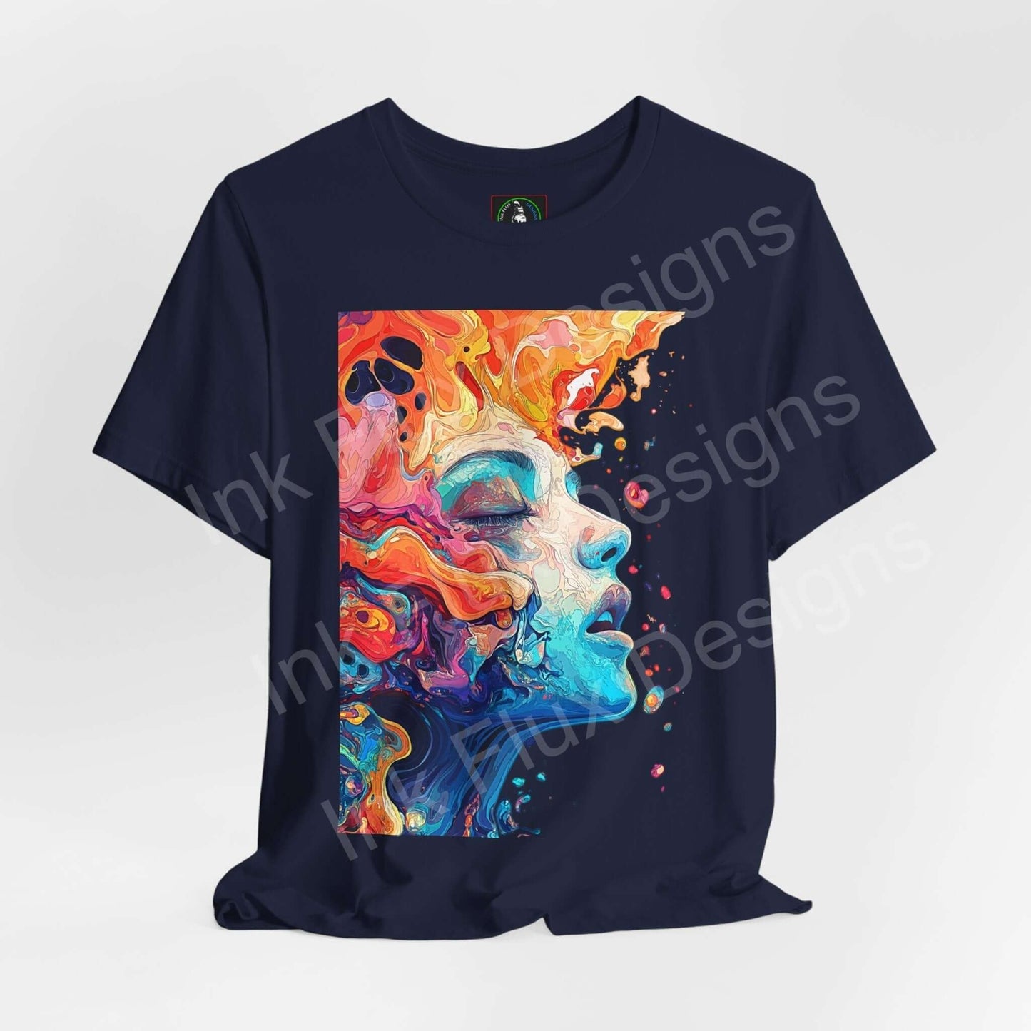 Psychedelic Trip VII graphic tee featuring bold, trippy artwork on navy blue unisex T-shirt, perfect for style and comfort.