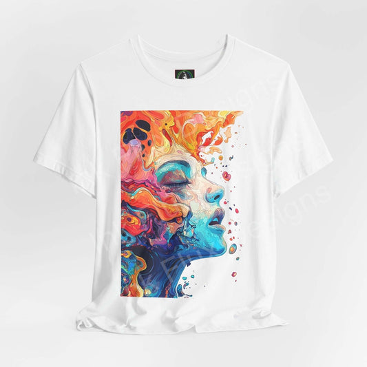 Unisex white T-shirt featuring a bold psychedelic graphic with vibrant, trippy colors on the front.
