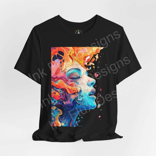 Black unisex T-shirt featuring a bold, psychedelic graphic of a colorful, trippy face design, ideal for lovers of unique graphic tees.