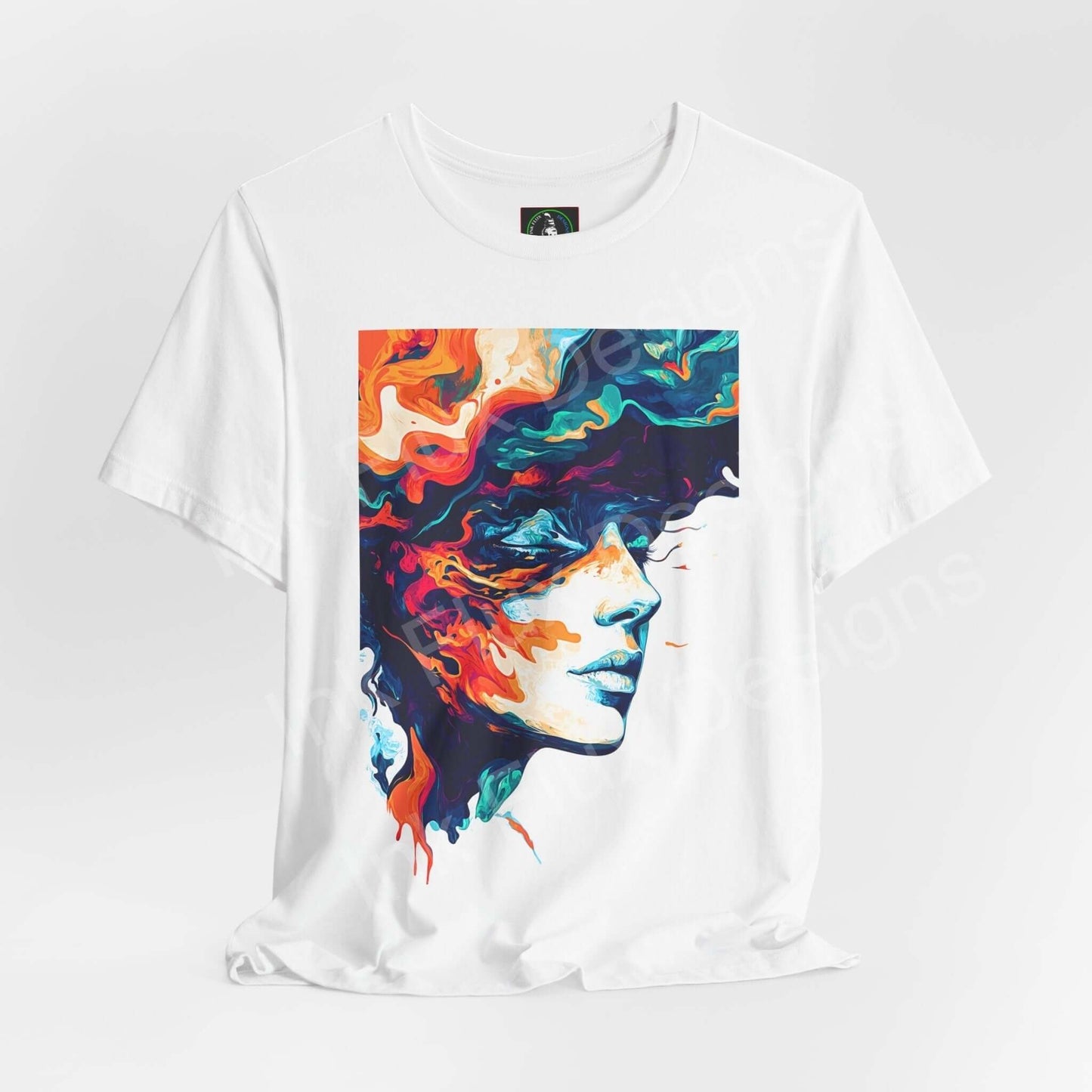 Unisex white T-shirt featuring a bold psychedelic graphic of a colorful, trippy face design, perfect for fans of unique, artistic tees.