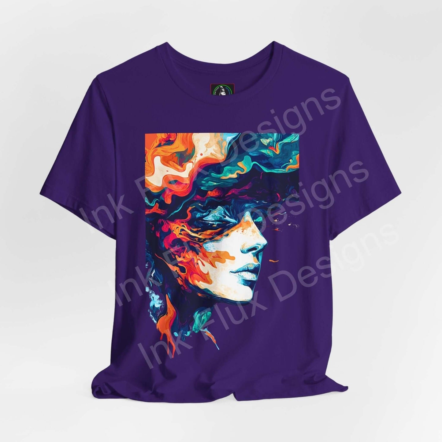 Psychedelic Trip VIII graphic tee featuring a vibrant, trippy face design on a purple background, ideal for those who love bold graphic t-shirts.