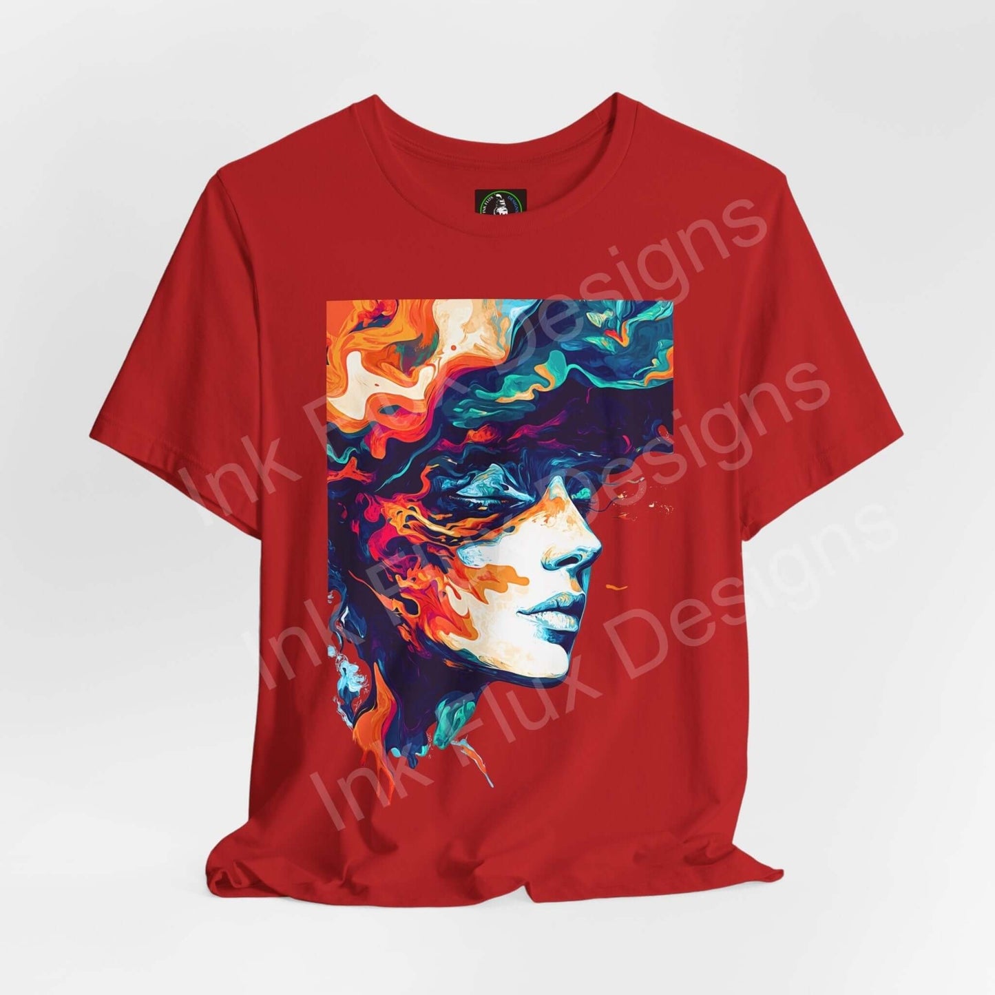 Red unisex jersey T-shirt featuring a bold, psychedelic graphic of a colorful, trippy face design, perfect for any occasion.