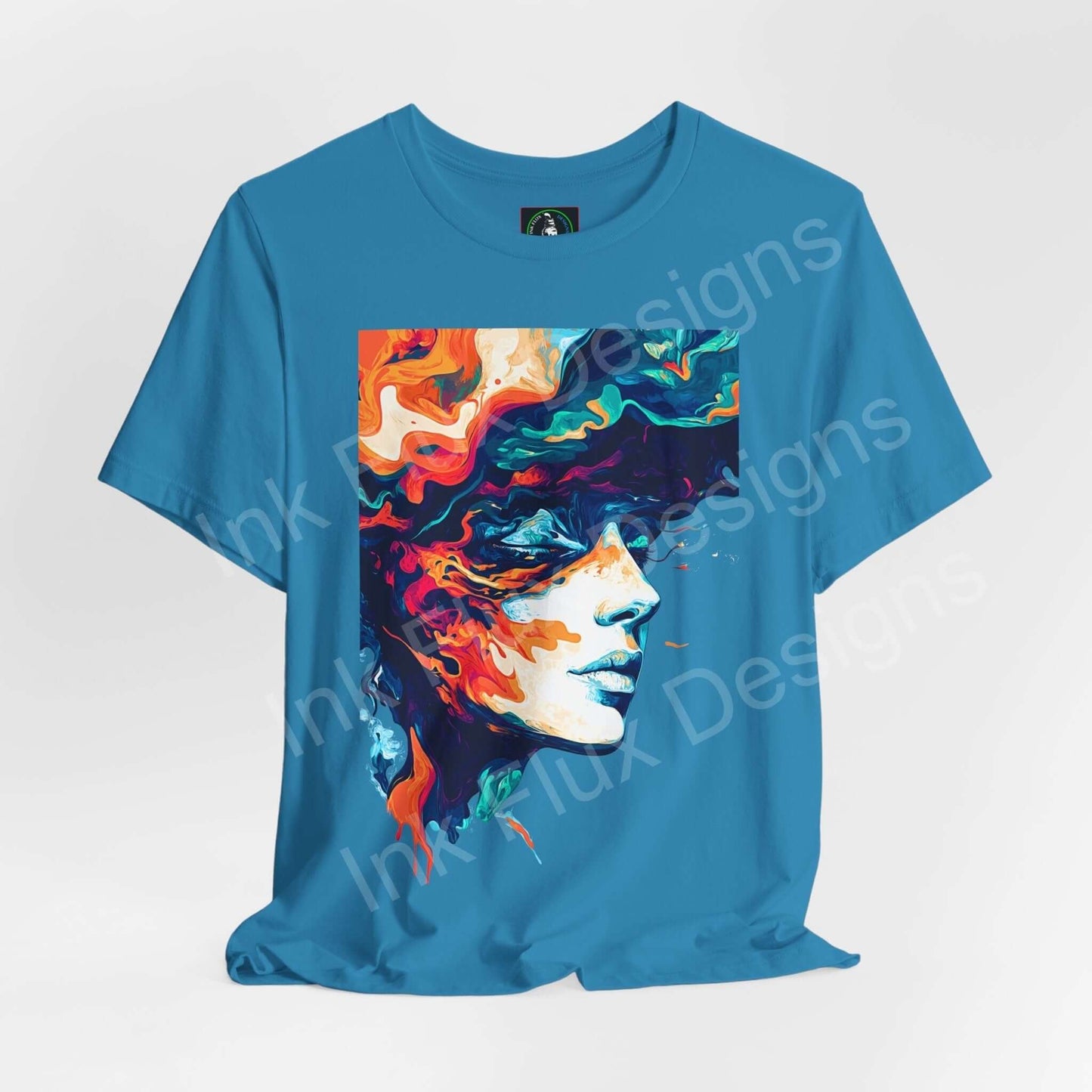 Bold graphic tee featuring a psychedelic, trippy design with vibrant colors on a blue unisex T-shirt, perfect for stylish comfort.