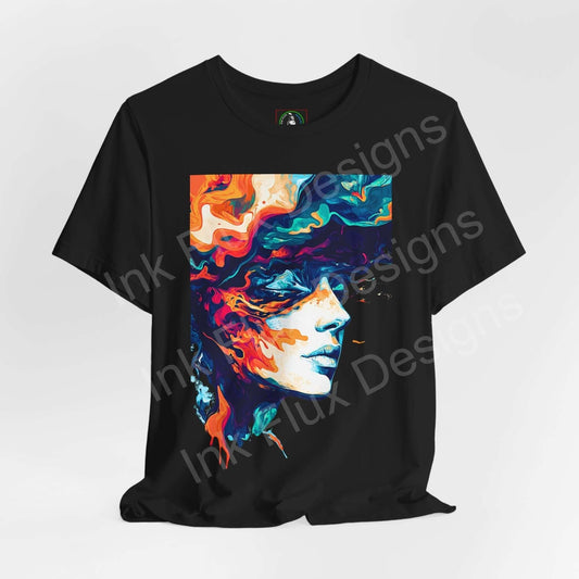 Black unisex T-shirt featuring a bold, psychedelic graphic of a colorful, trippy face design, perfect for fans of unique graphic tees.