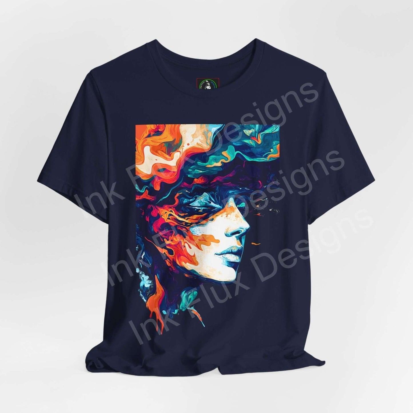 "Psychedelic Trip VIII graphic tee featuring a vibrant, trippy face design in bold colors on a dark unisex T-shirt, perfect for stylish casual wear."