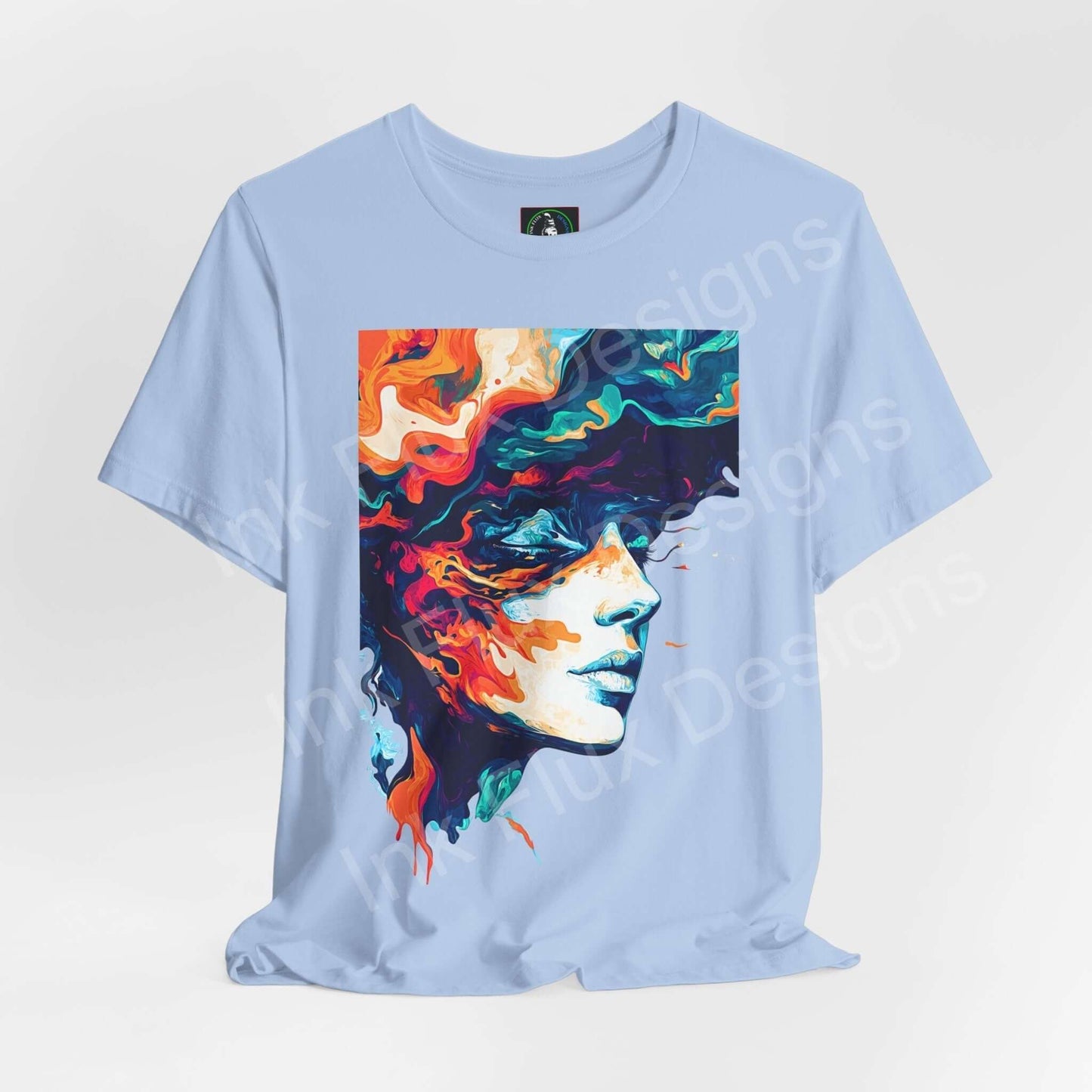 Psychedelic Trip VIII graphic tee featuring a vibrant, trippy design of a face with flowing, colorful patterns on a light blue shirt.
