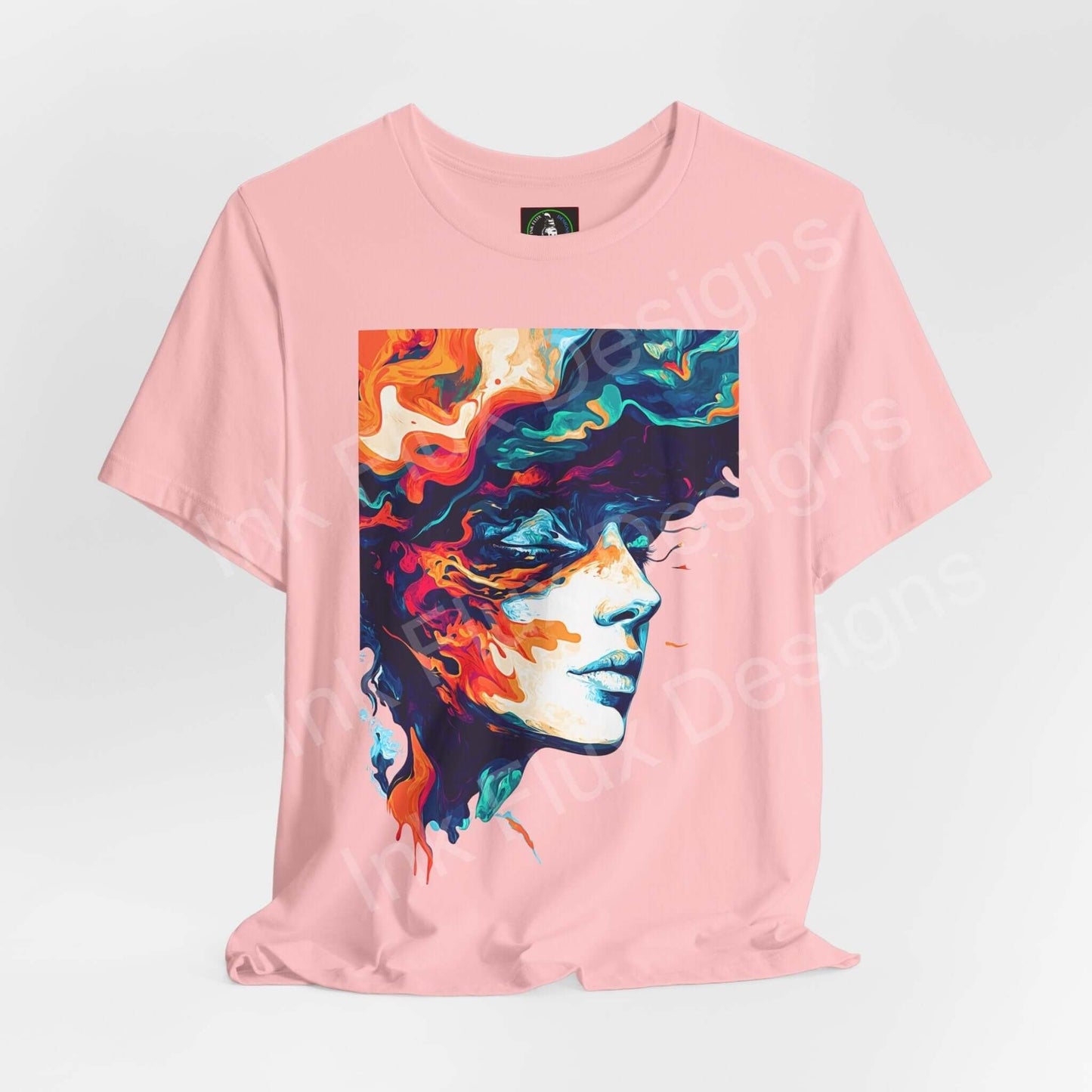 Pink unisex T-shirt featuring a bold, psychedelic graphic with vibrant colors on a lightweight, breathable cotton fabric.