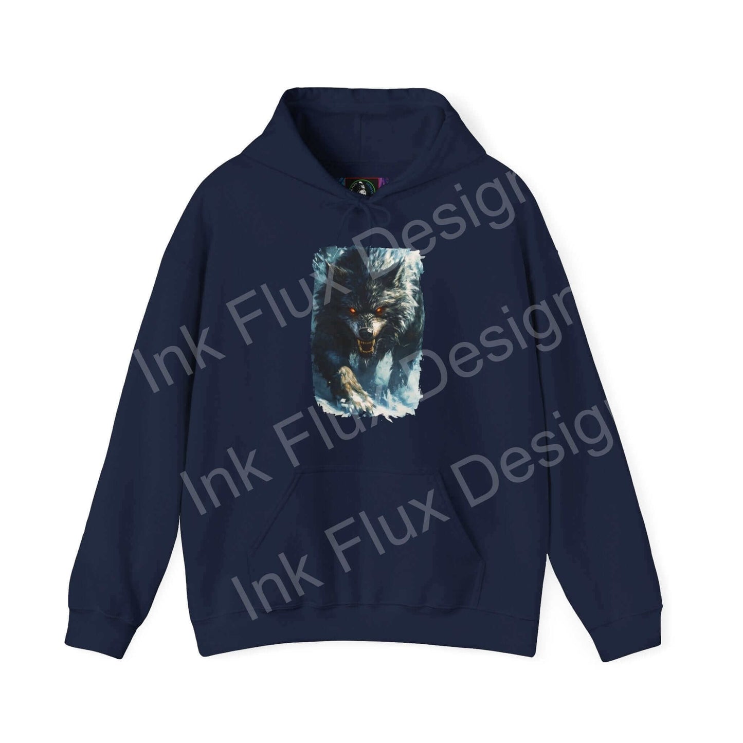 Navy blue hooded sweatshirt featuring bold graphic design of a grey wolf on the front, suitable for unisex wear.