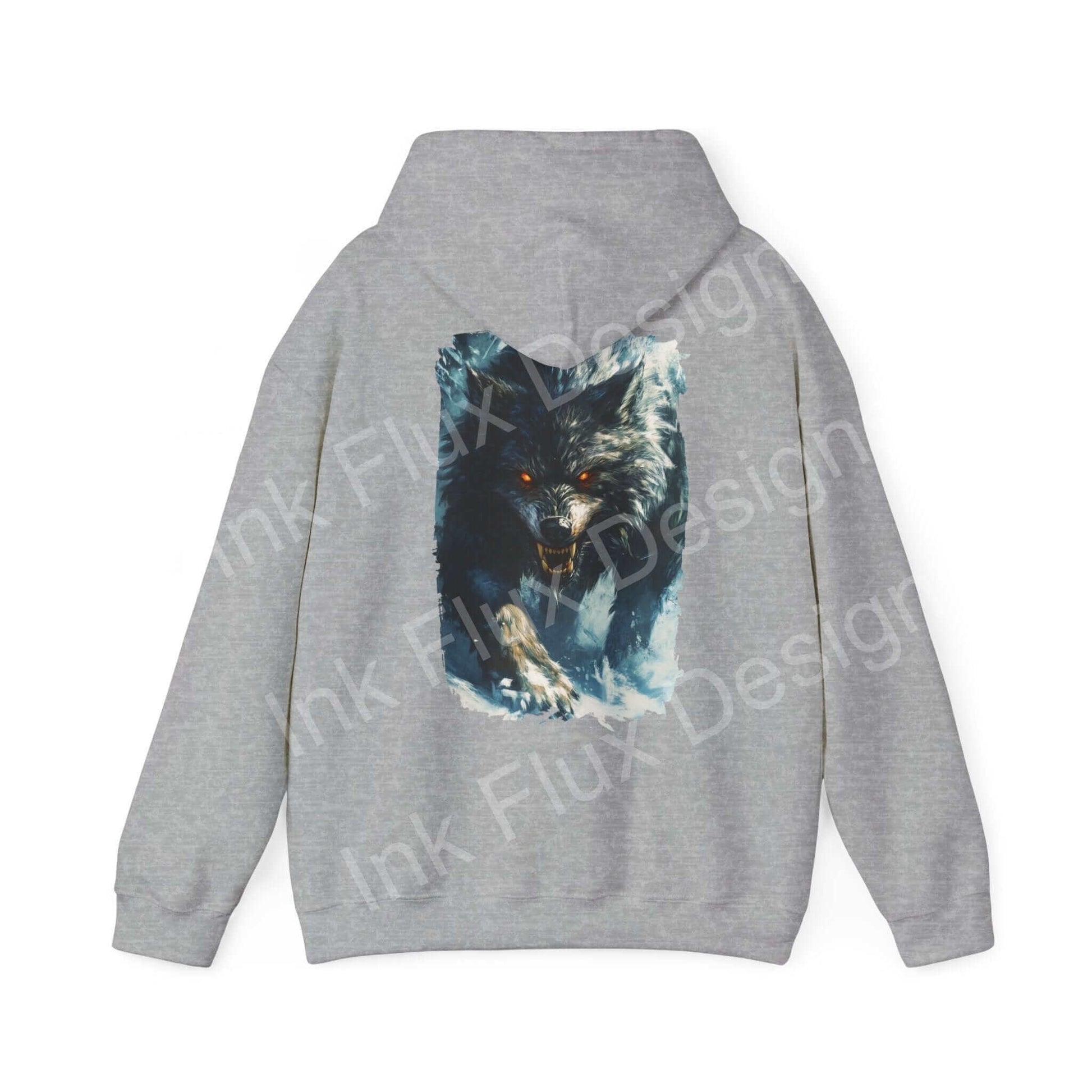 Grey hooded sweatshirt with bold graphic design of a grey wolf, ideal for unisex fashion in graphic hoodies.