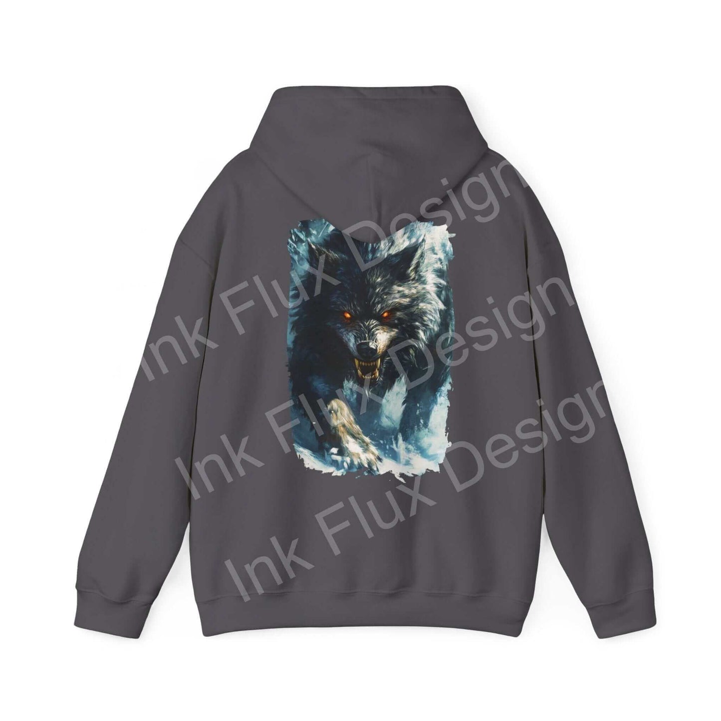 Grey hooded sweatshirt with a bold graphic design of a snarling grey wolf, combining cotton and polyester materials for comfort and durability.