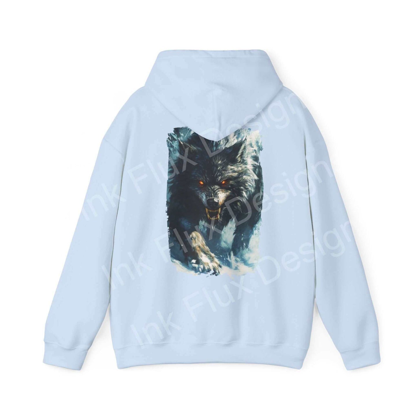 Back view of a grey hooded sweatshirt featuring a bold graphic design of a grey wolf, ideal for those seeking stylish, graphic hoodies.