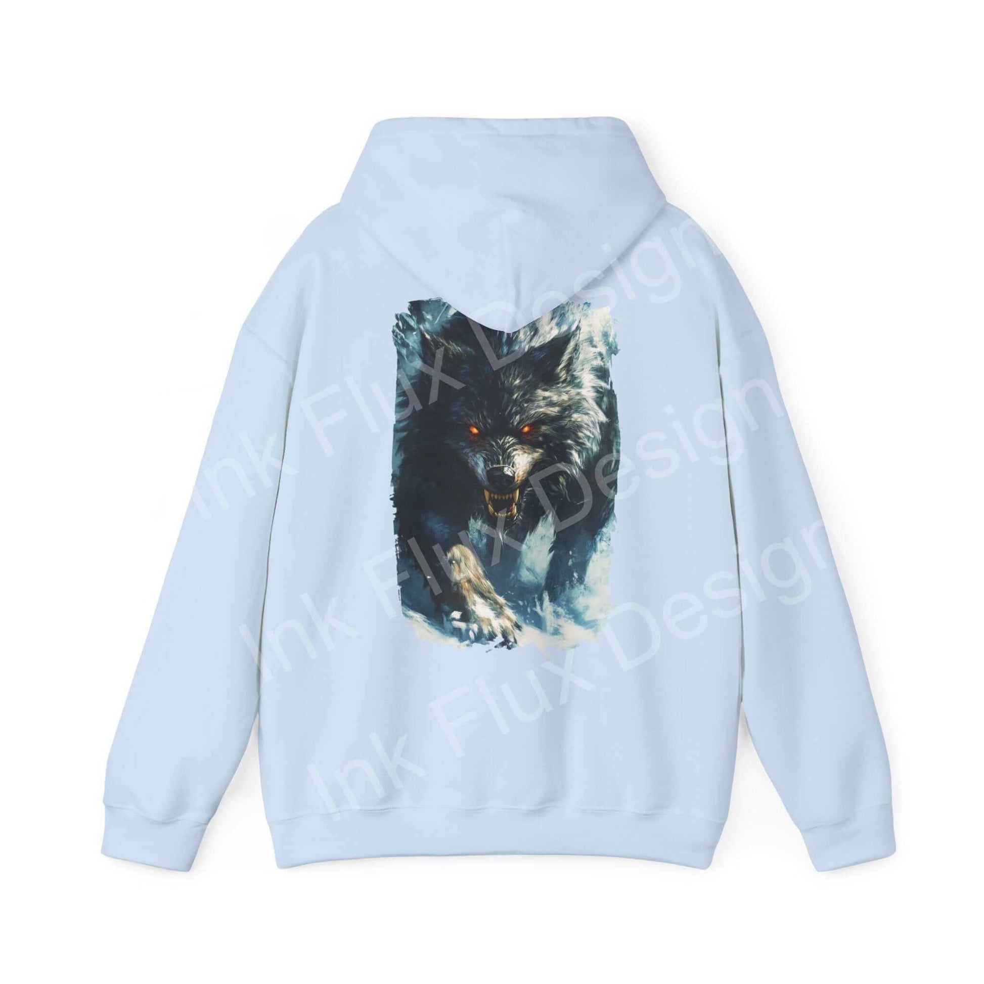 Back view of a grey hooded sweatshirt featuring a bold graphic design of a grey wolf, ideal for those seeking stylish, graphic hoodies.