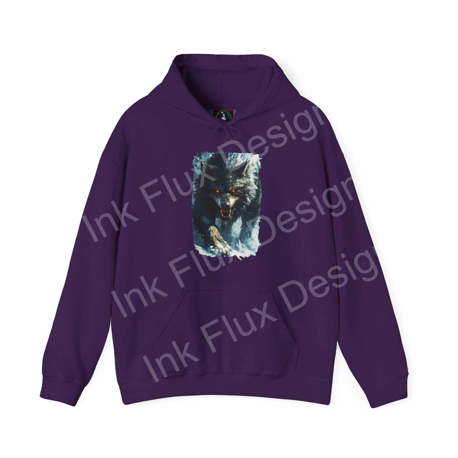 Unisex purple hoodie with a bold graphic design of a grey wolf on the front, ideal for style and warmth.