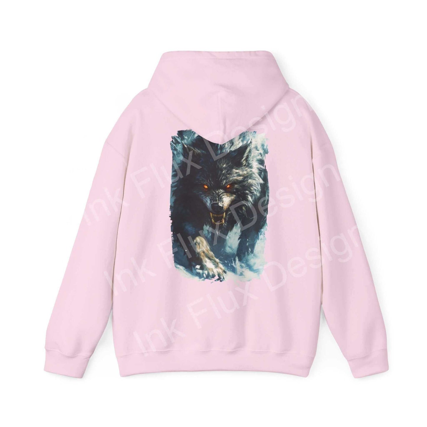 Pink hooded sweatshirt featuring a bold graphic design of a grey wolf on the back, ideal for those seeking style and warmth in graphic hoodies.