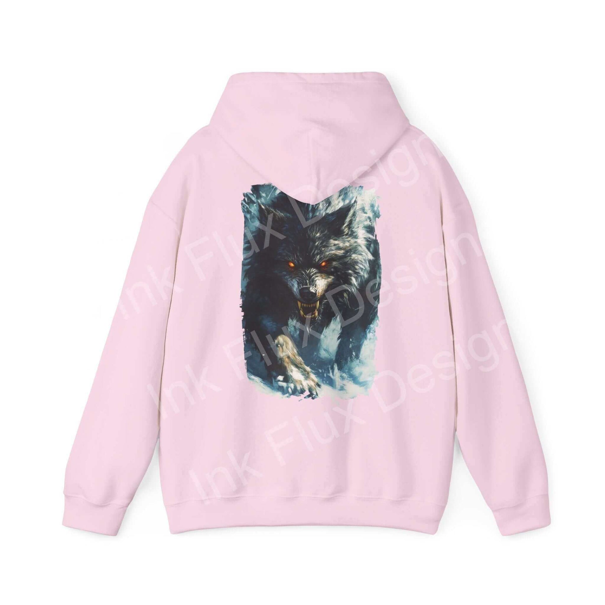 Pink hooded sweatshirt featuring a bold graphic design of a grey wolf on the back, ideal for those seeking style and warmth in graphic hoodies.