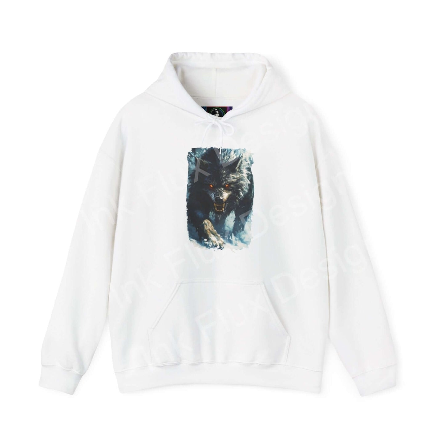 White unisex hoodie featuring a bold graphic of a grey wolf, ideal for those seeking stylish, cozy wear with a touch of wild elegance.
