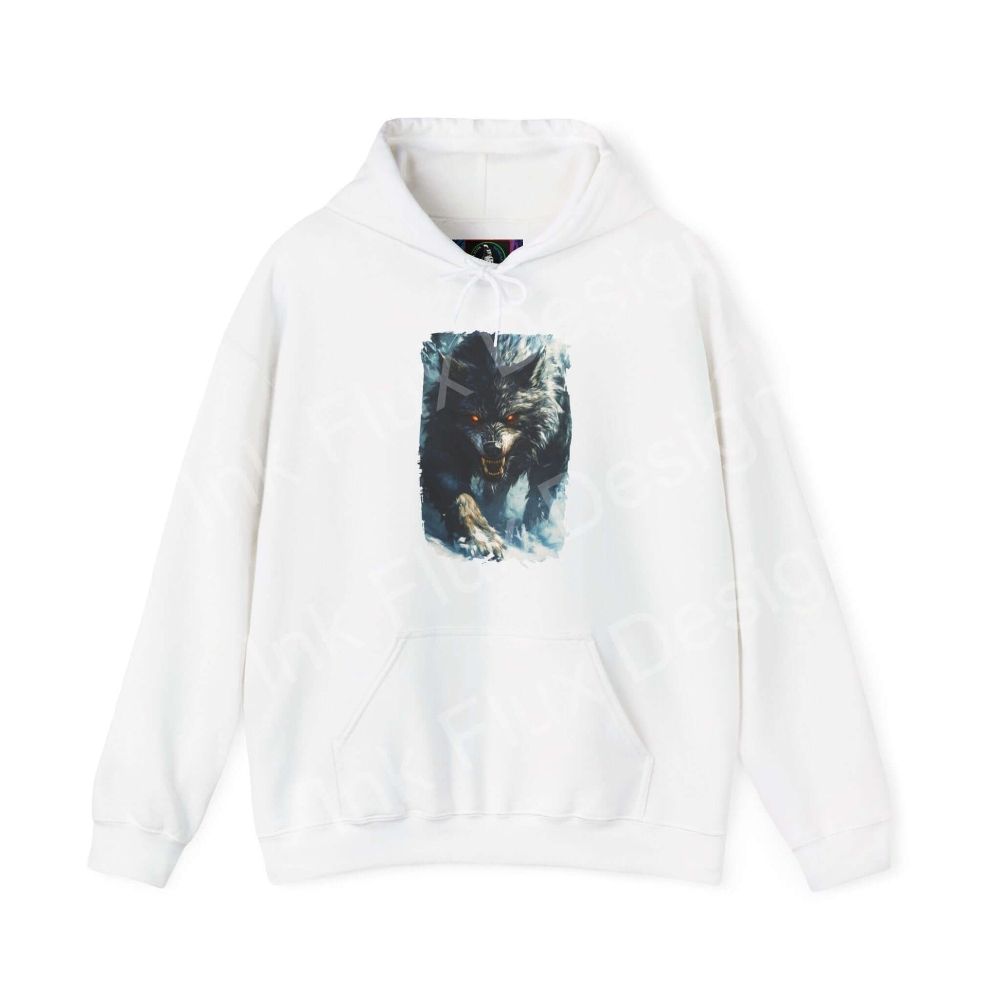 White unisex hoodie featuring a bold graphic of a grey wolf, ideal for those seeking stylish, cozy wear with a touch of wild elegance.