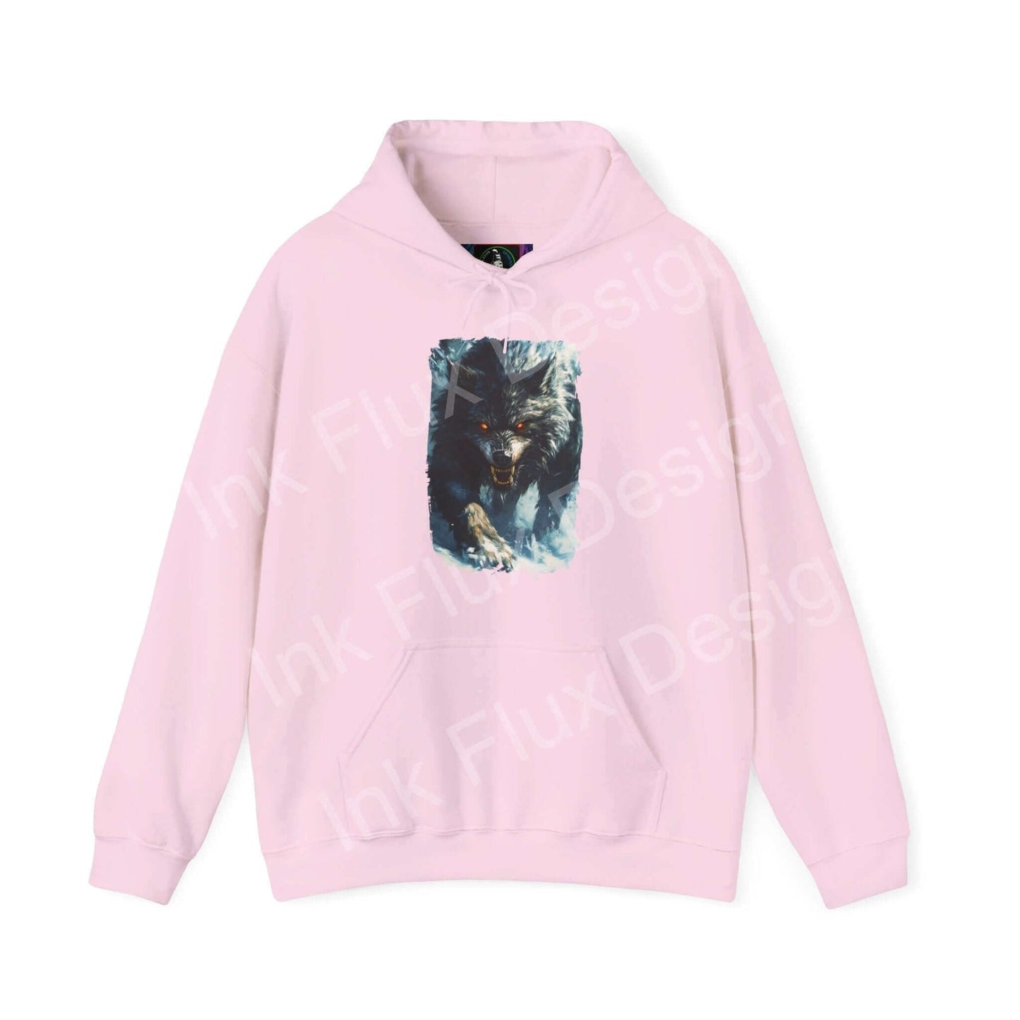 Pink hooded sweatshirt with bold graphic of a grey wolf, combining comfort with eye-catching design.